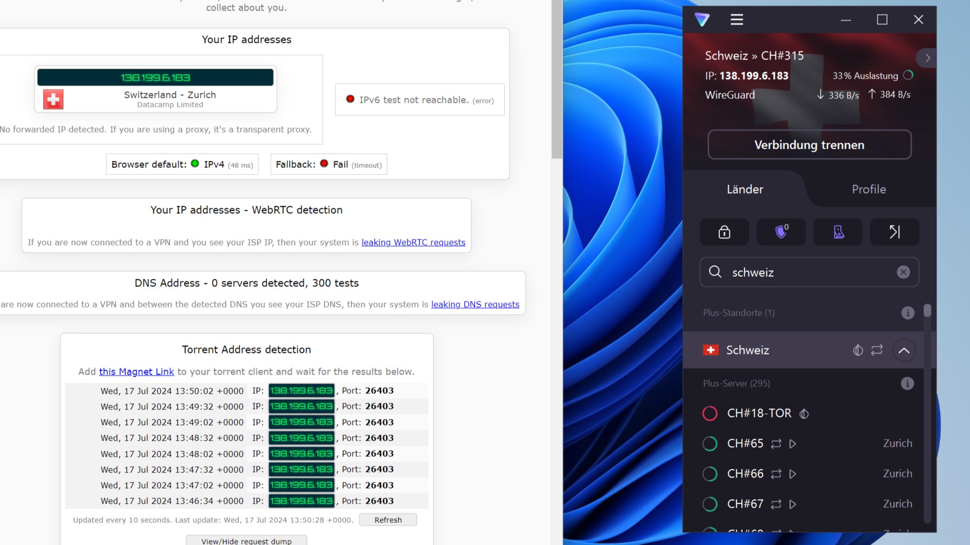 Proton VPN mit IPLeak.net